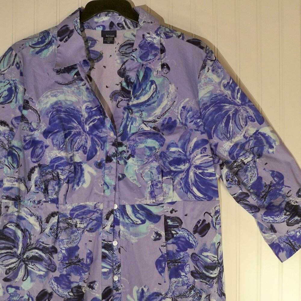 Basic Editions, Blue Floral Button Up Shirt, 2X